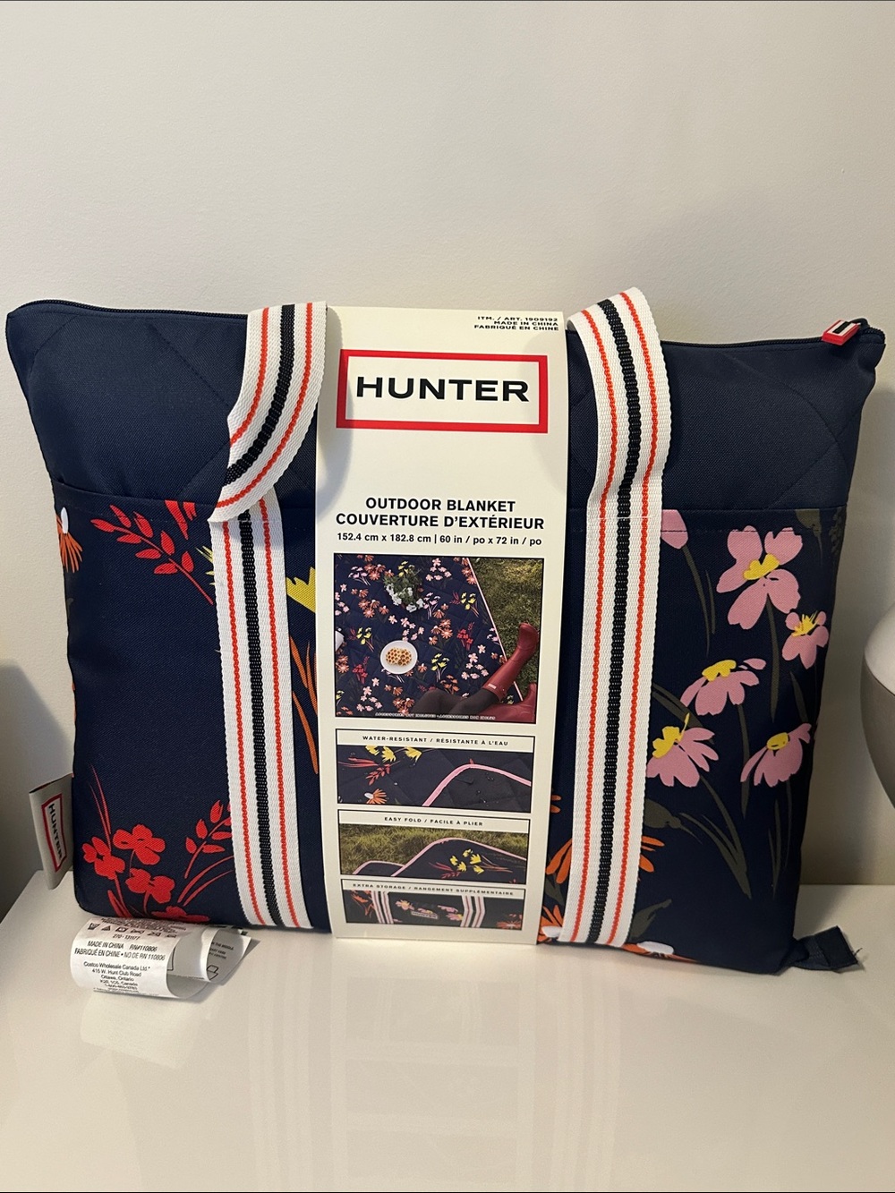 Hunter Navy Floral Outdoor Blanket Tote with Pink & Red Accents- FLORAL